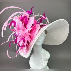 Elegant White Wide-Brim Pink Derby Hat